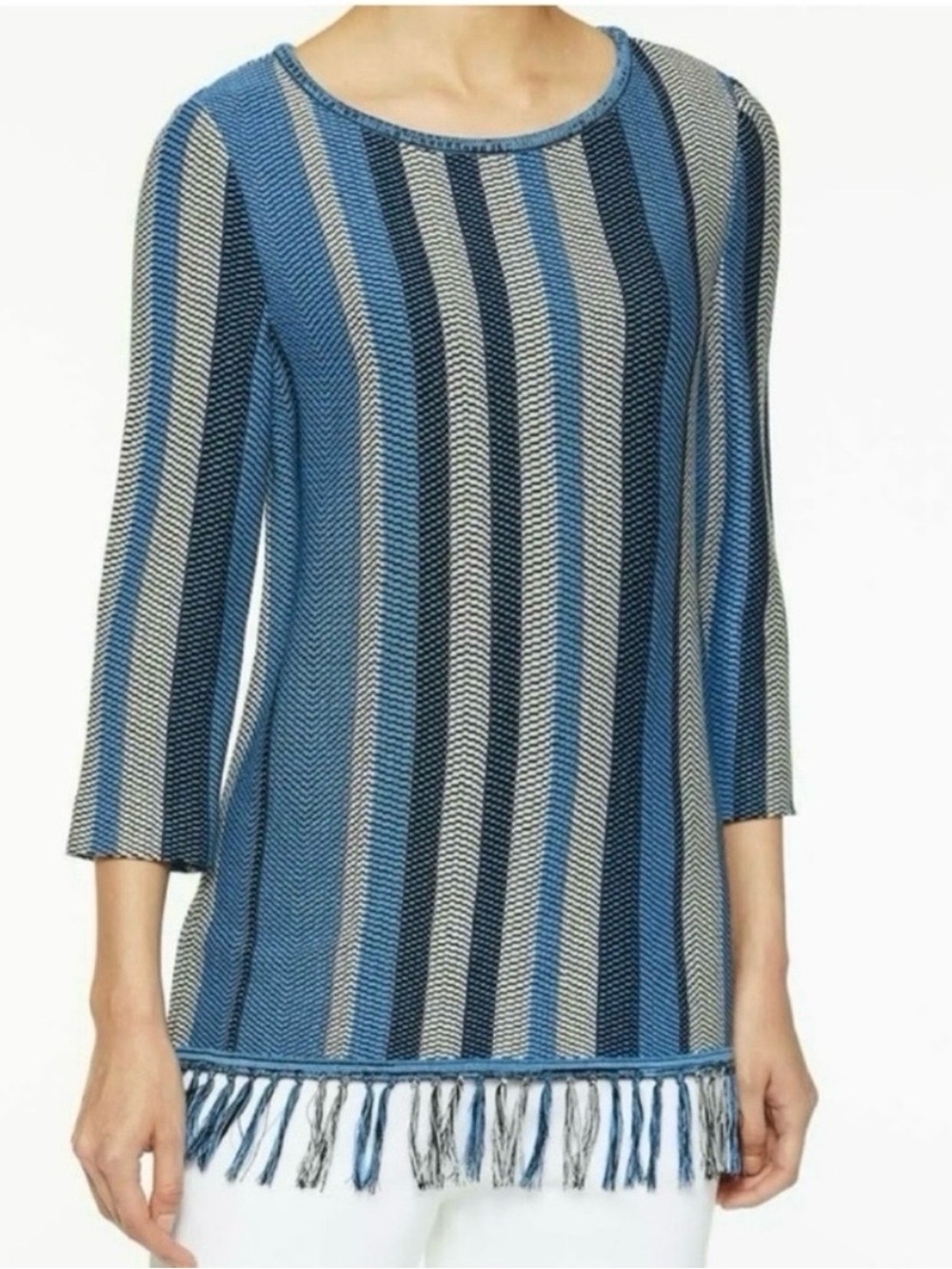 Ming Wang Blue & Black Striped Fringe Knit Tunic Top Women's L Relaxed Artsy